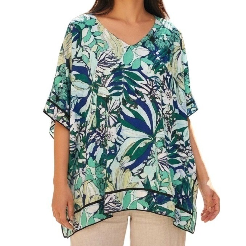 Liz Claiborne Green Blue Tropical Floral V-Neck Top Womens 0X Oversized Hawaiian